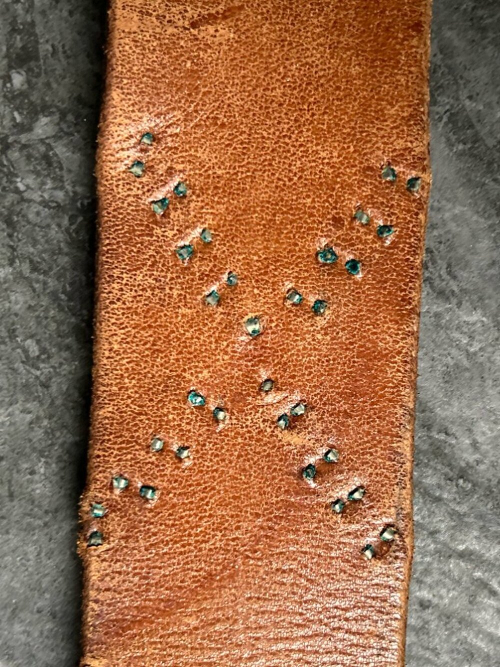 Vintage Black Leather Studded Belt with Blue & Clear Gems — No Buckle - Picture 4 of 7